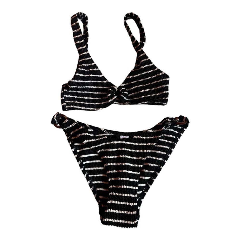 Striped Black and White Textured Bikini Set